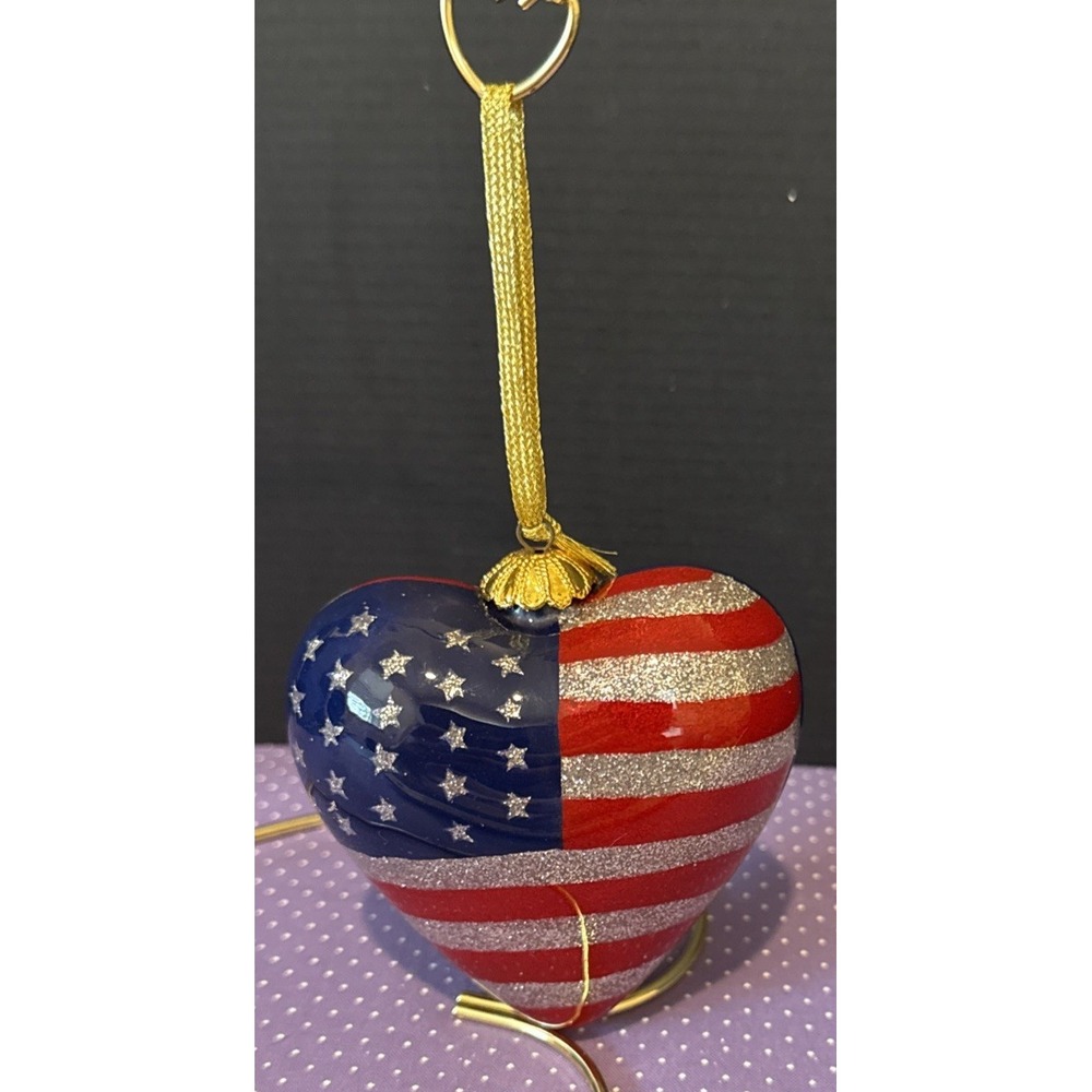 Star Spangled‎ Banner US Flag Heart Glass Christmas Holiday Ornament